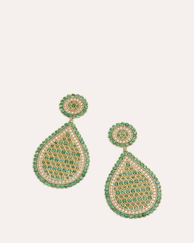18K Gold Woven Diamond & Emerald Pear Earrings